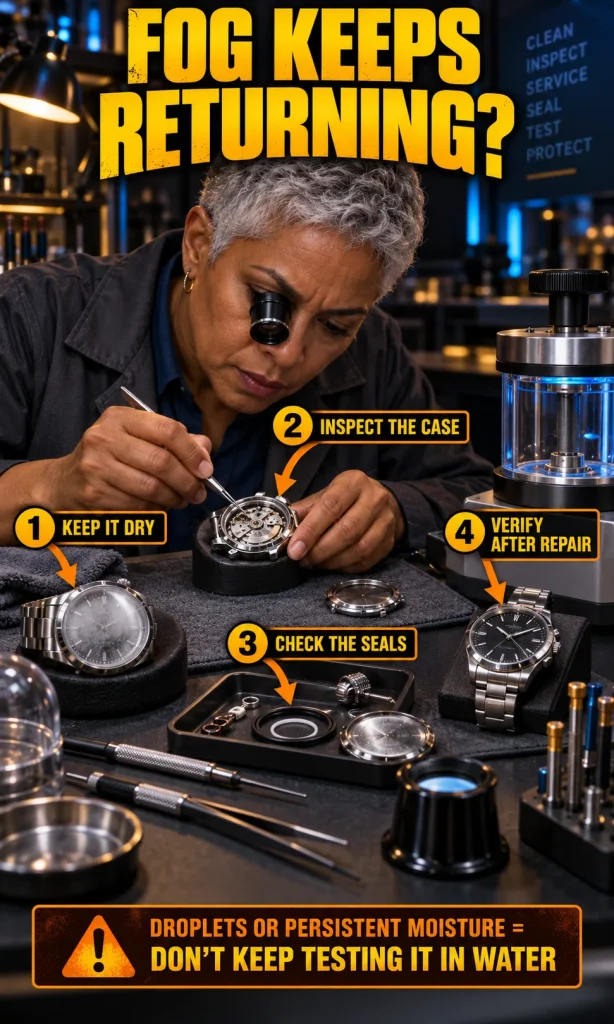 Watchmaker evaluating persistent crystal fogging and following a service sequence from keeping the watch dry to inspecting seals and pressure-testing the repaired case.