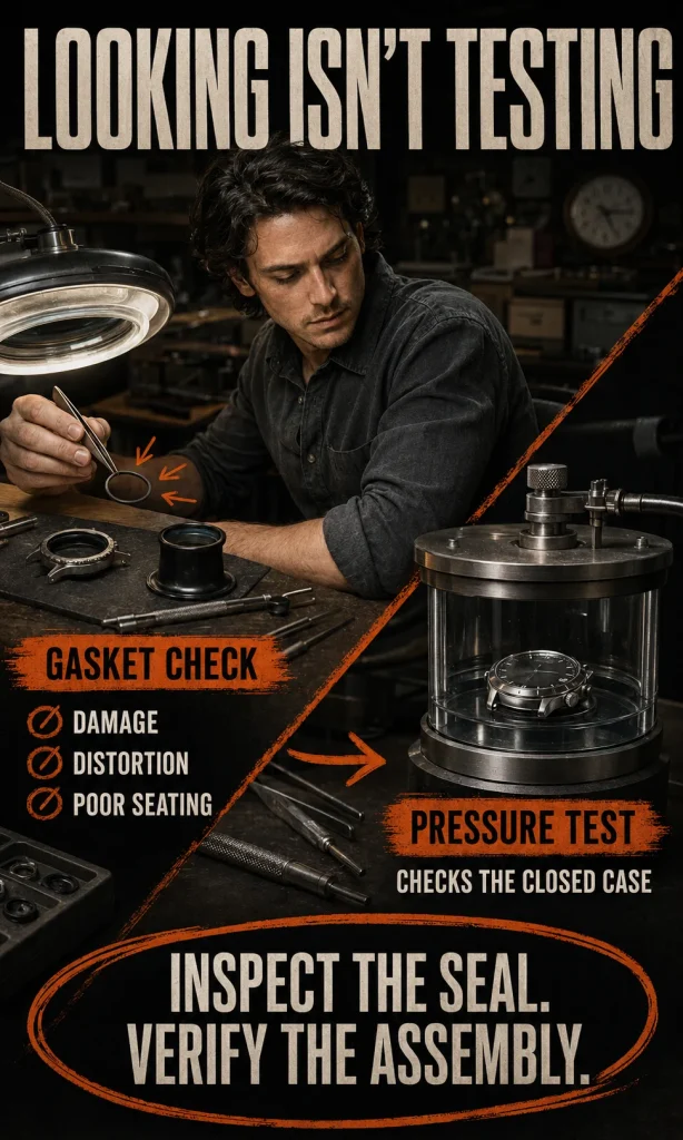 Technician comparing a visual gasket inspection with a pressure test that checks the completed watch case after battery replacement.