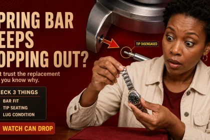 Woman catching an unbranded watch after one spring-bar tip disengages from the lug, with an enlarged spring-bar diagram showing the failure point.