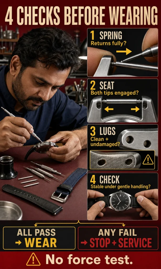 Watch technician performing four spring-bar security checks for spring return, seating, lug condition and gentle strap stability.