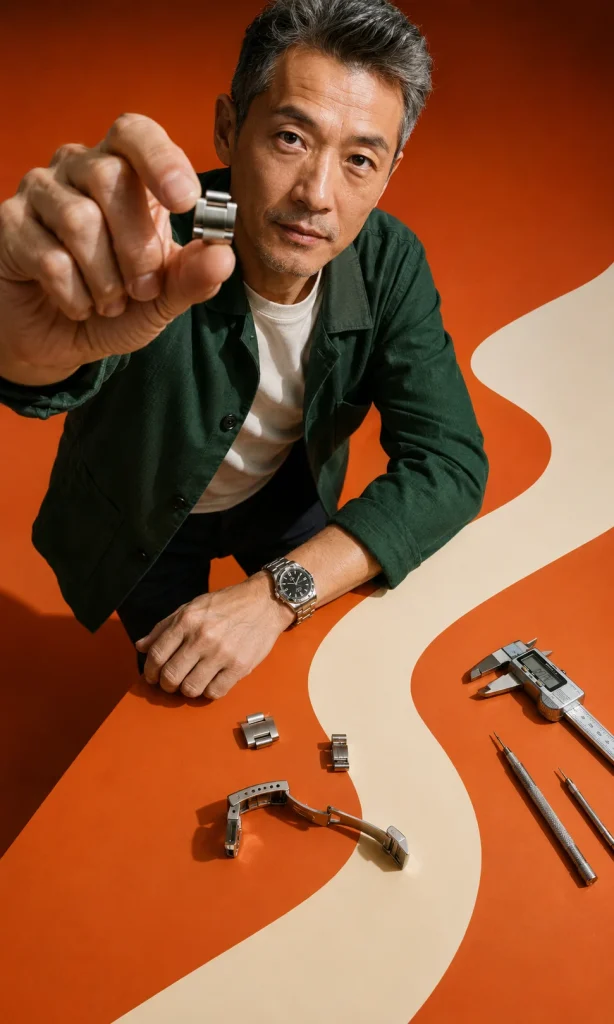 Man comparing a watch bracelet that is too loose with one setting and too tight with another