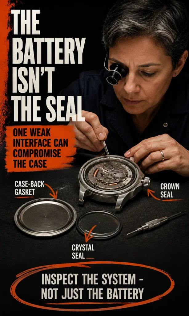 Watchmaker examining the case-back, crown and crystal gasket locations that collectively create a watch's water-resistant seal.