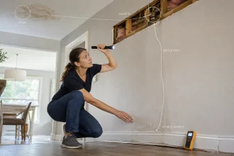 Homeowner inspecting water damage as moisture travels from a concealed ceiling leak down the wall to swollen baseboards and flooring.