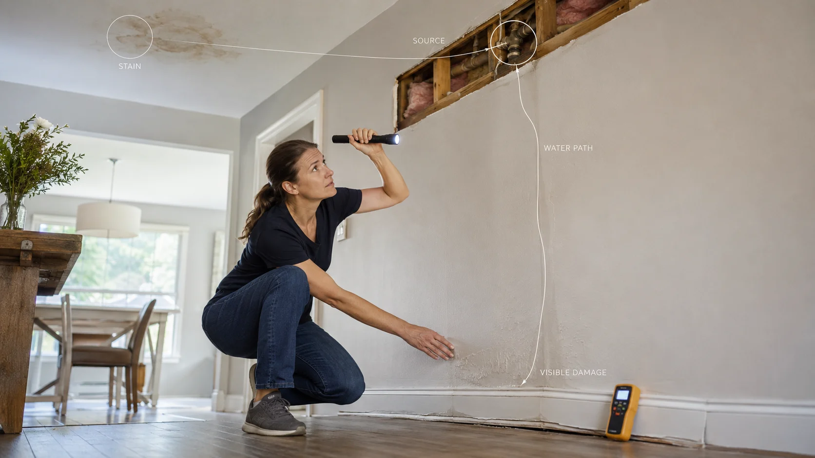 Homeowner inspecting water damage as moisture travels from a concealed ceiling leak down the wall to swollen baseboards and flooring.