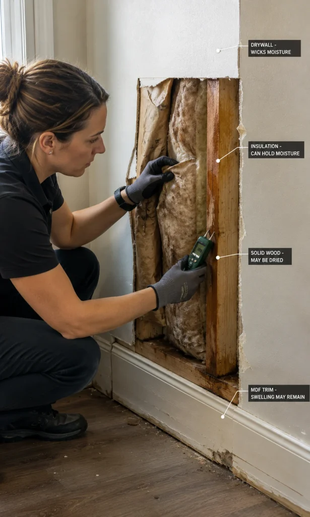 Building specialist inspecting wet drywall, insulation, timber framing and swollen MDF trim after water entered a wall cavity.