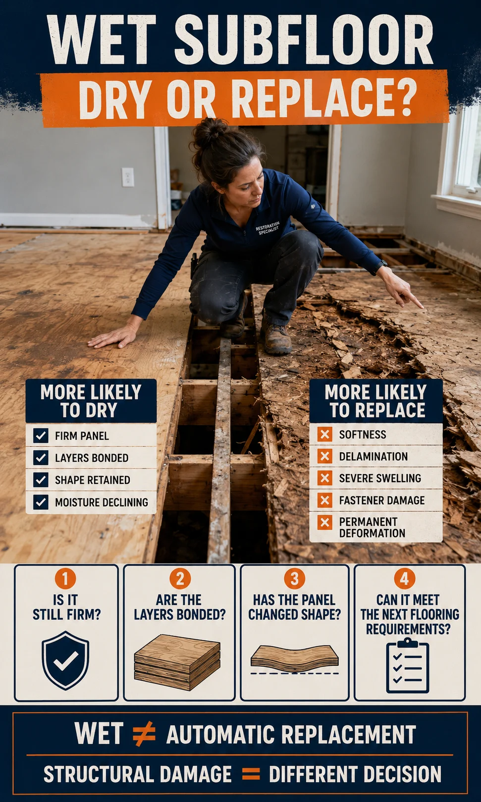 Flooring specialist comparing a firm wet subfloor with swollen, delaminated and structurally deteriorated panels to determine whether drying or replacement is appropriate.