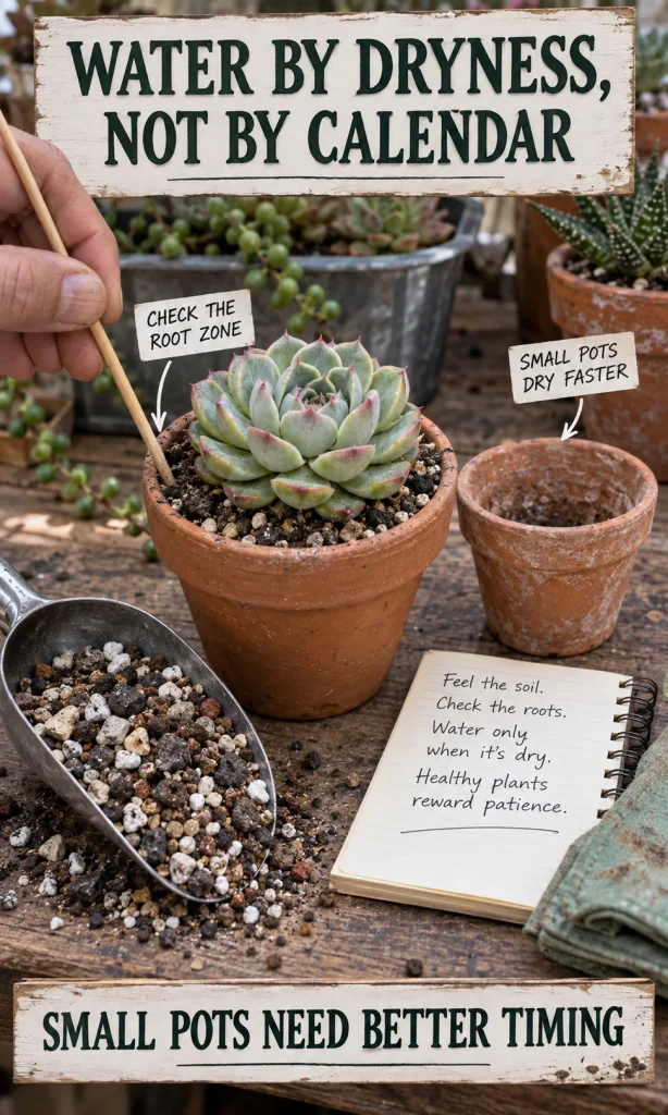 Gardener checking moisture deeper in a small succulent pot before watering instead of following a fixed calendar.