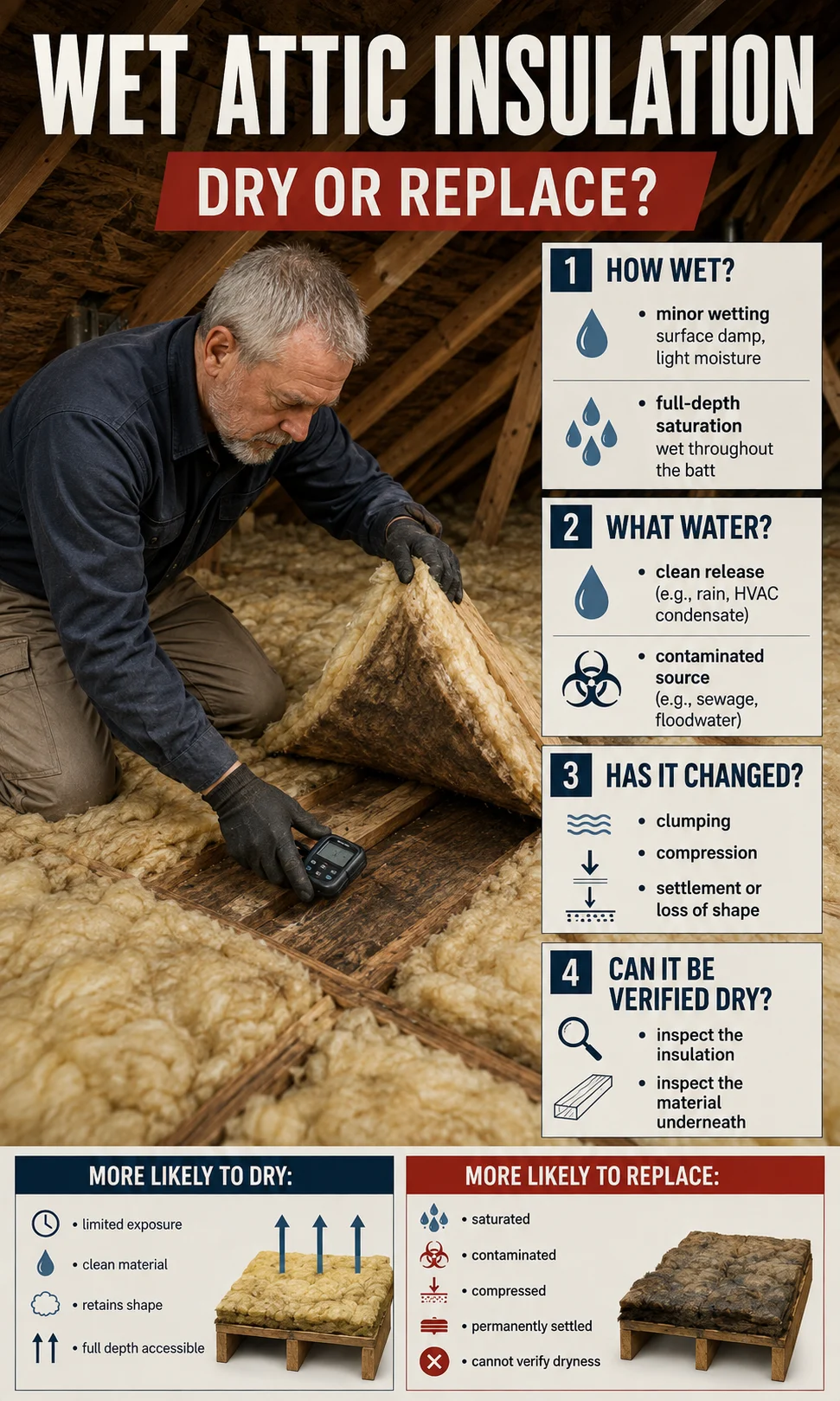 Restoration technician assessing wet attic insulation for saturation, contamination, compression and drying potential.