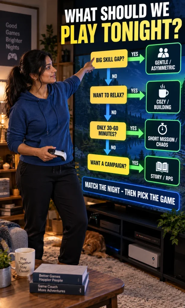 Woman following a game-night decision path from skill gap, mood and available time to a suitable type of couples game.
