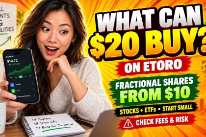 Woman holding a smartphone investment portfolio beside a bold graphic explaining what a small budget under $20 can access on eToro.