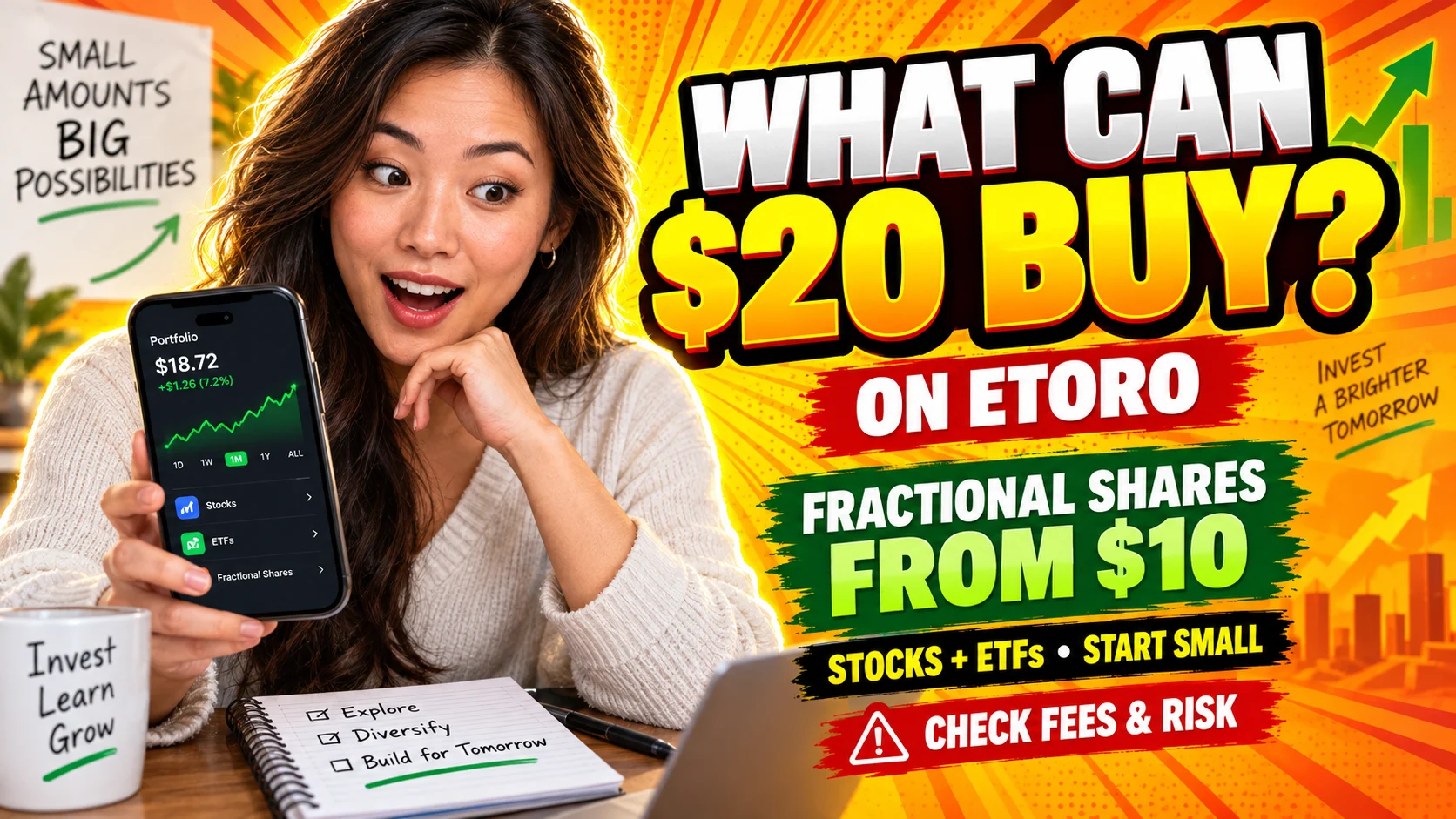 Woman holding a smartphone investment portfolio beside a bold graphic explaining what a small budget under $20 can access on eToro.