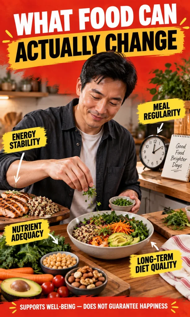 Man preparing a balanced meal with labels for energy stability, meal regularity, nutrient adequacy and long-term diet quality