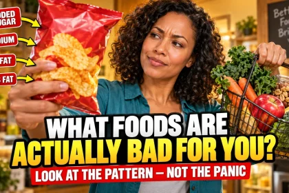 Expressive grocery shopper comparing an unbranded packaged snack with whole foods while callouts highlight added sugar, sodium, saturated fat and trans fat as the main label checks.