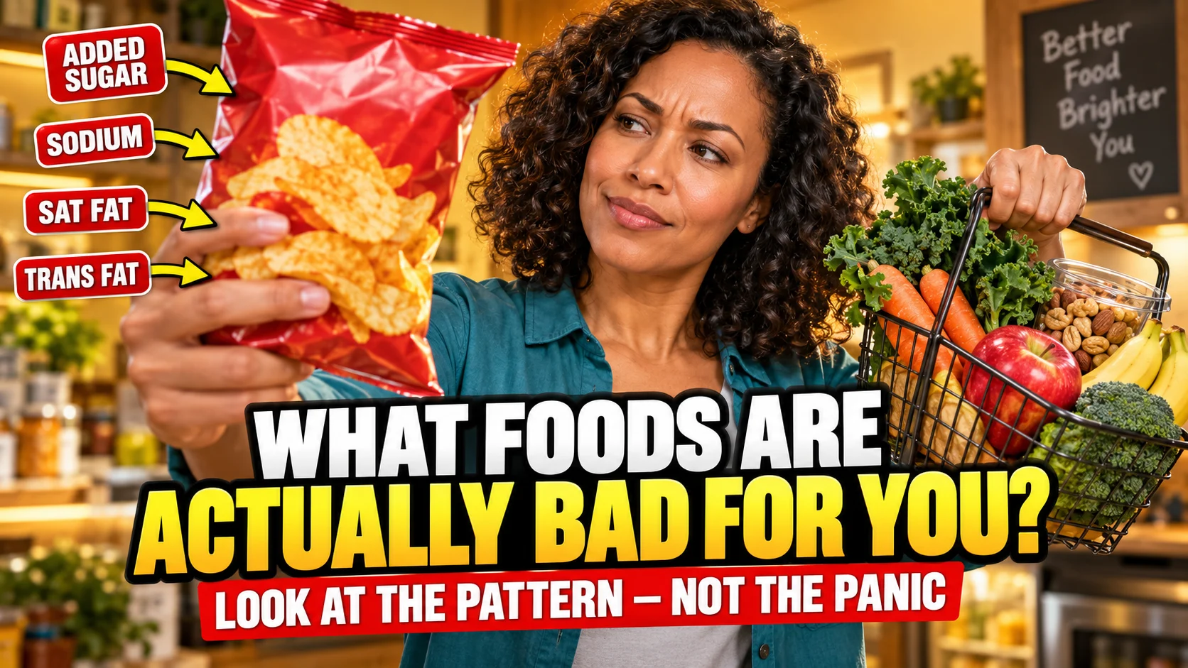 Expressive grocery shopper comparing an unbranded packaged snack with whole foods while callouts highlight added sugar, sodium, saturated fat and trans fat as the main label checks.