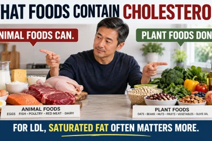 Man comparing animal foods with plant foods while an infographic explains which foods contain cholesterol