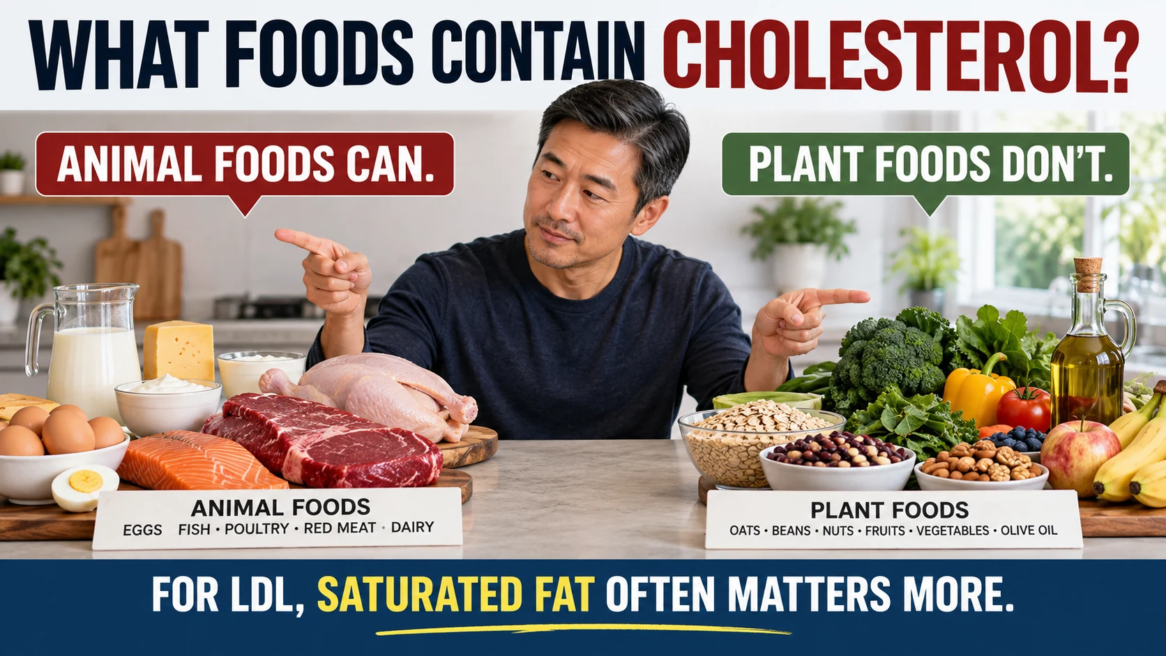 Man comparing animal foods with plant foods while an infographic explains which foods contain cholesterol
