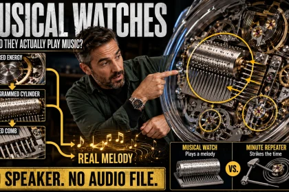 Exploded mechanical musical watch showing a pinned cylinder, tuned comb and watch movement while a collector activates the melody.