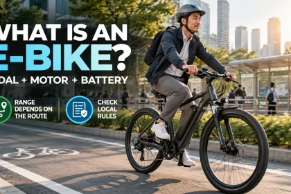 Urban commuter riding an e-bike with concise callouts for pedal input, motor assist, battery and local rule check