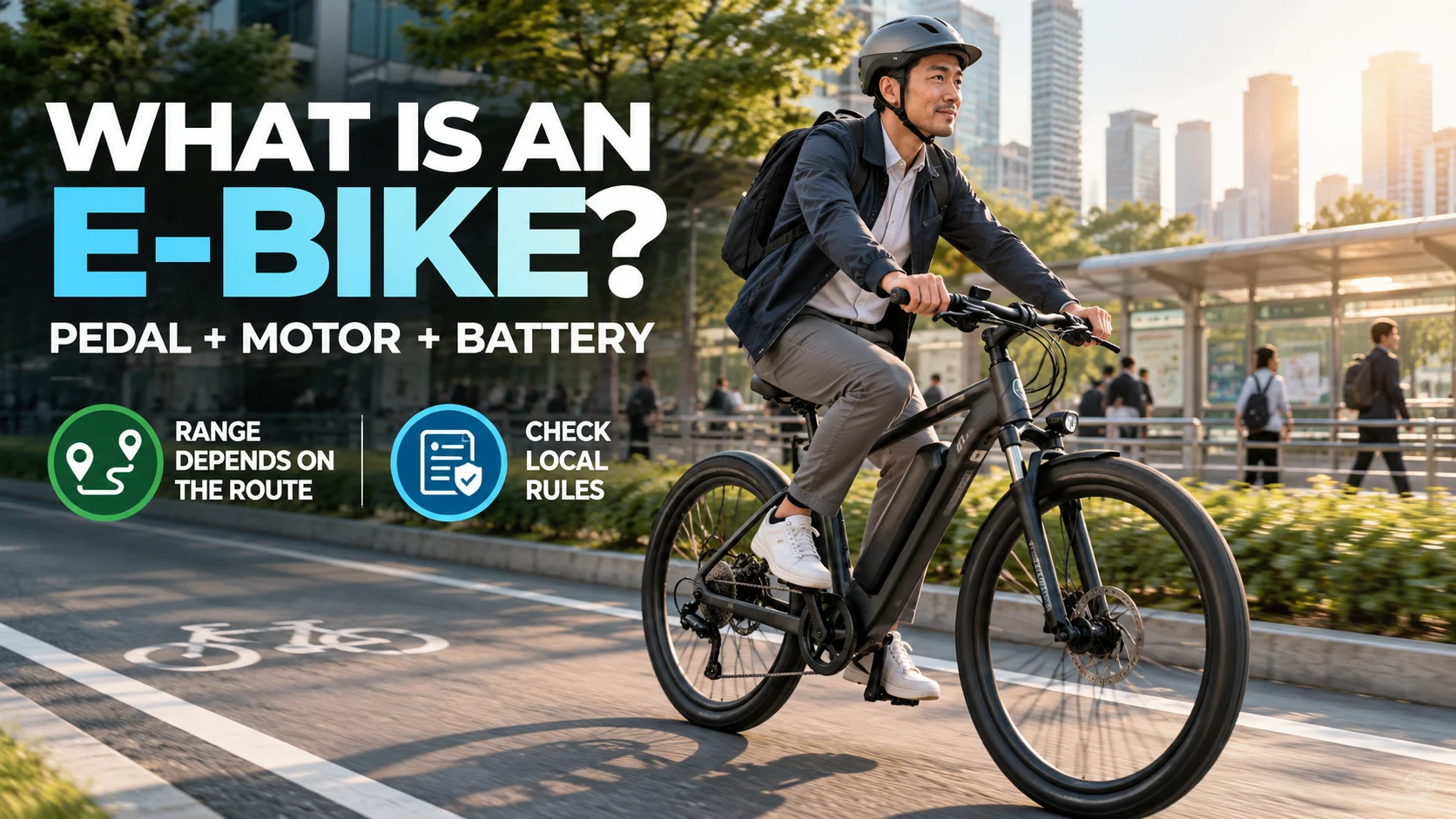 Urban commuter riding an e-bike with concise callouts for pedal input, motor assist, battery and local rule check