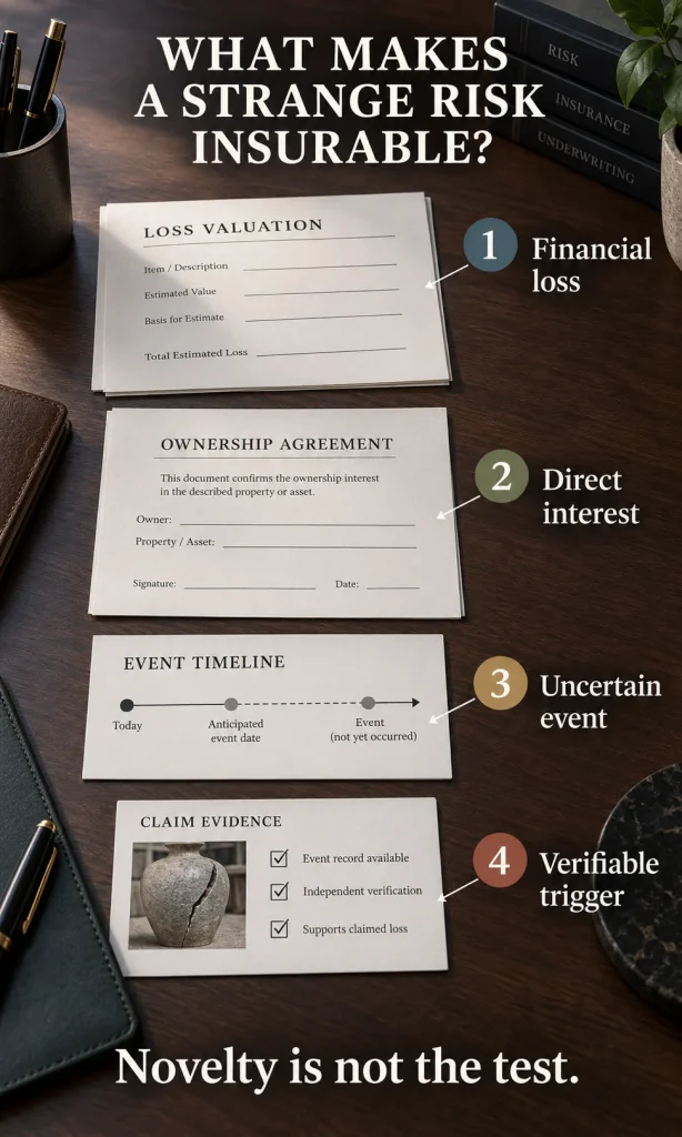 Vertical specialty-insurance underwriting visual showing four checks for an unusual risk: measurable financial loss, direct interest, uncertain event, and a verifiable trigger.