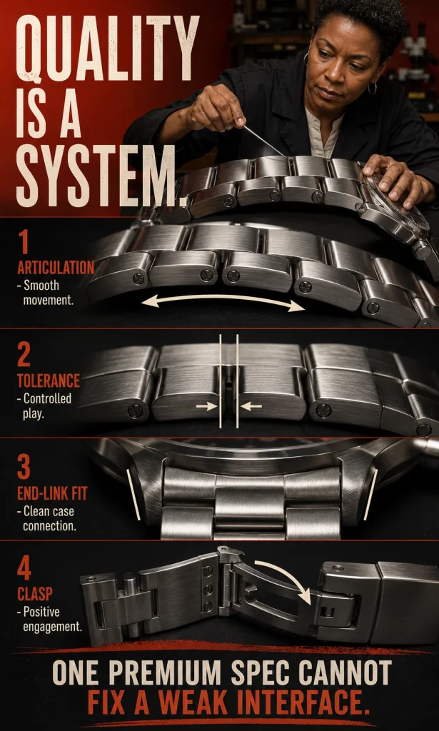 Technical watch-bracelet cutaway showing controlled link articulation, lateral clearance, precise end-link fit and clasp engagement.