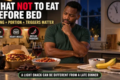 Man at night comparing coffee, a burger and fries, pasta, wine and chocolate with lighter snack options before bed