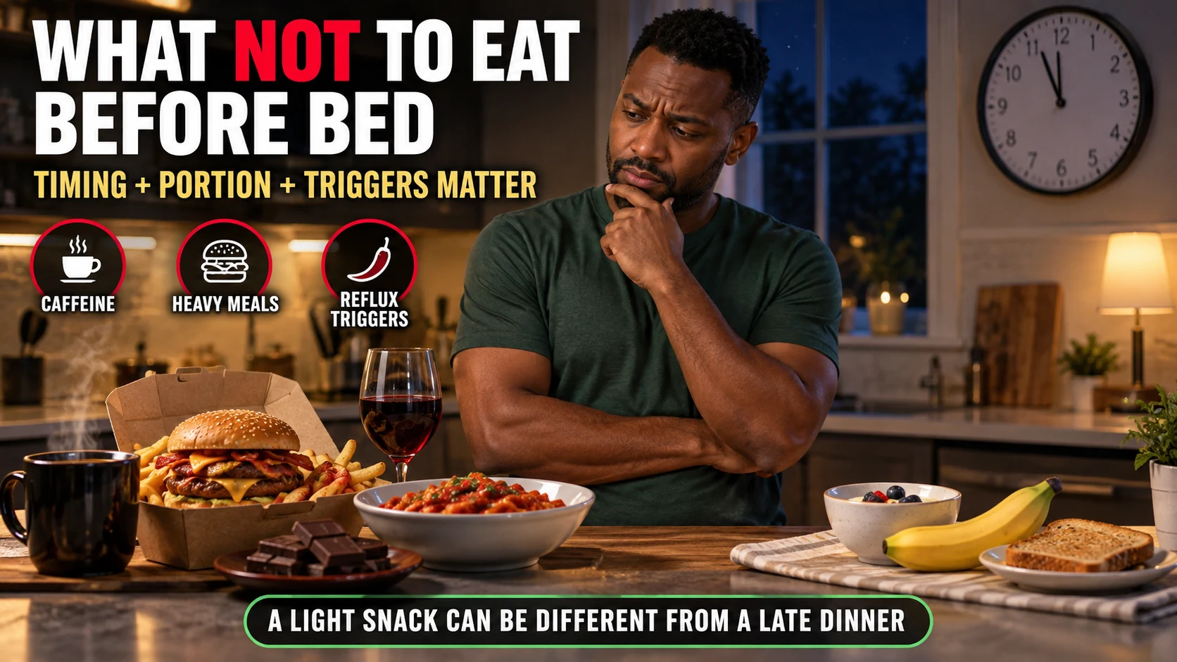 Man at night comparing coffee, a burger and fries, pasta, wine and chocolate with lighter snack options before bed