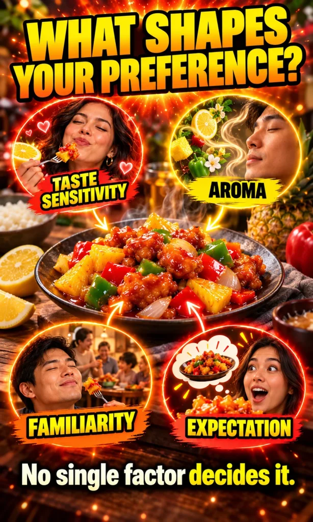 Food preference diagram showing taste sensitivity, aroma, familiarity and expectation as factors shaping sweet-and-sour preference.