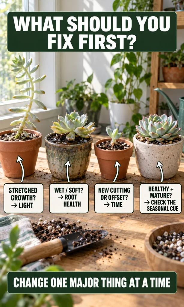 Decision path for a succulent that will not bloom, starting with light, roots, maturity and seasonal cues.