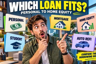 Man comparing personal, student, mortgage, home equity and auto refinance borrowing categories in a modern home office.
