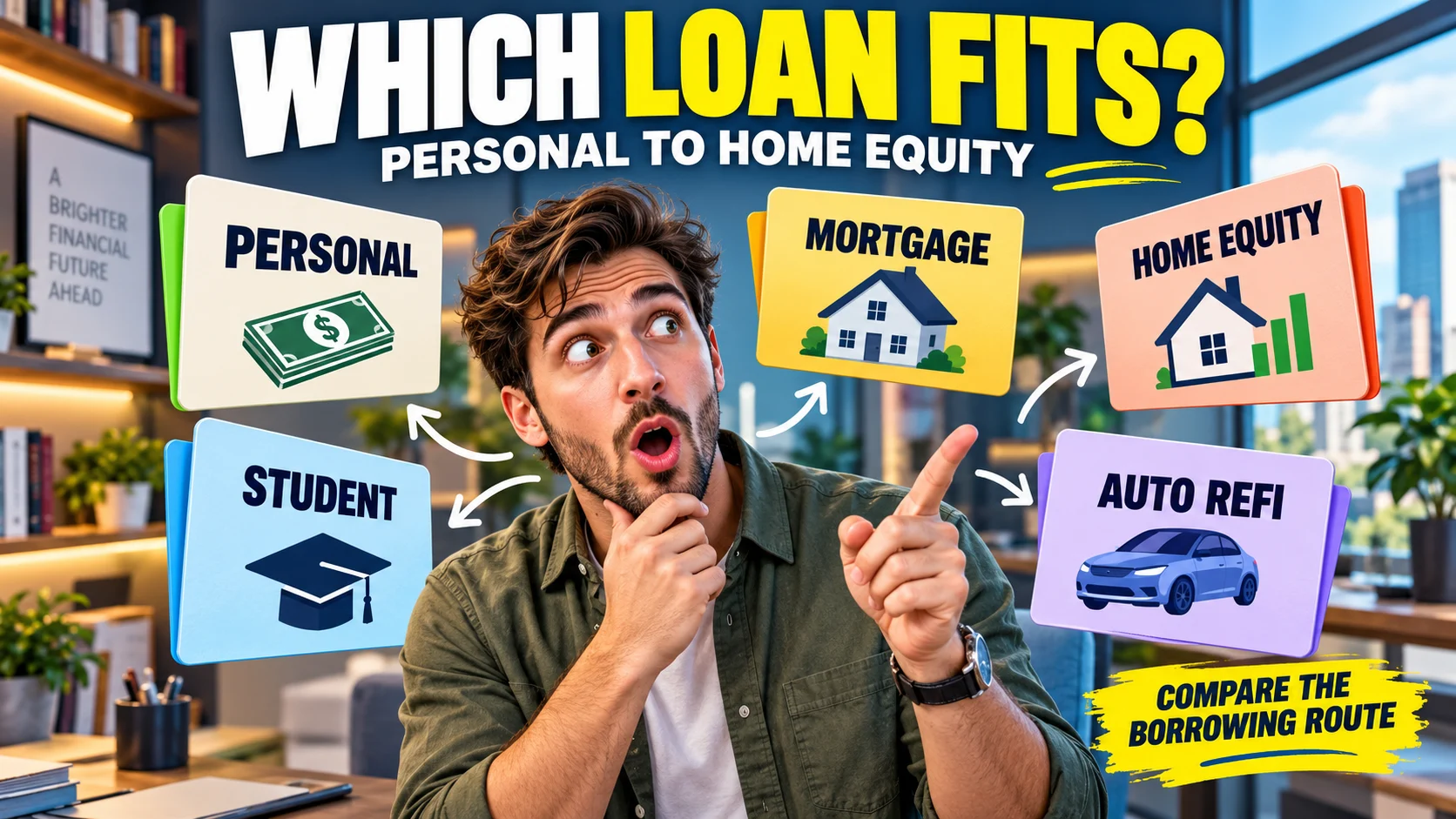 Man comparing personal, student, mortgage, home equity and auto refinance borrowing categories in a modern home office.