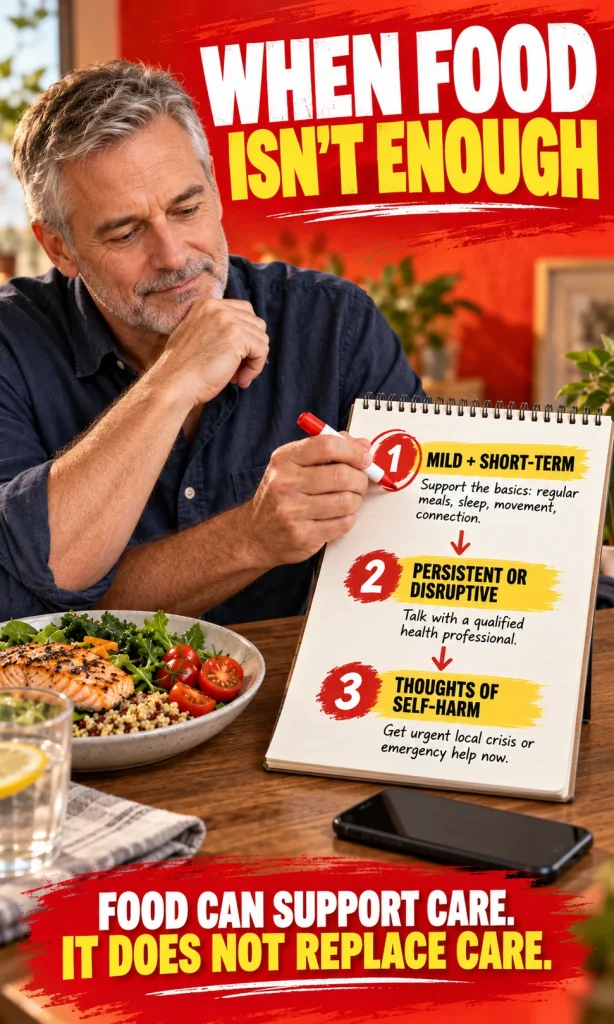 Man reviewing a three-step decision guide for mild short-term mood changes, persistent symptoms and urgent self-harm thoughts