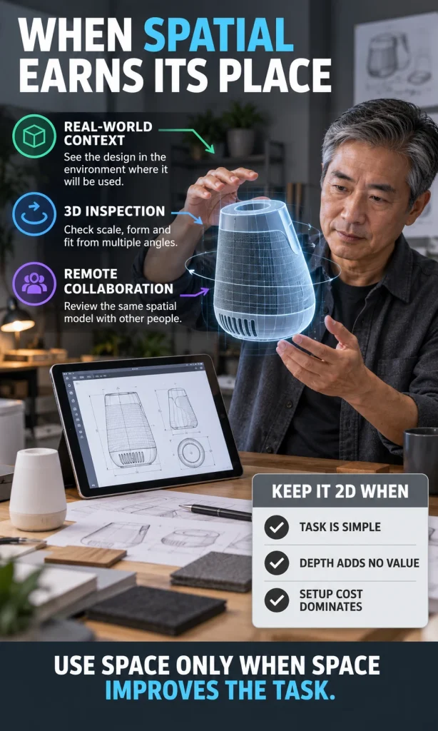 Designer evaluates a spatial 3D product with criteria for using XR or keeping the task in 2D.