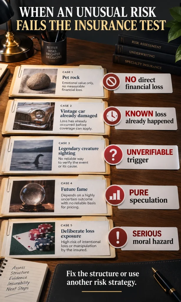 Vertical diagnostic visual showing why an unusual risk may fail the insurance test: no financial loss, known loss, unverifiable trigger, pure speculation, or serious moral hazard.