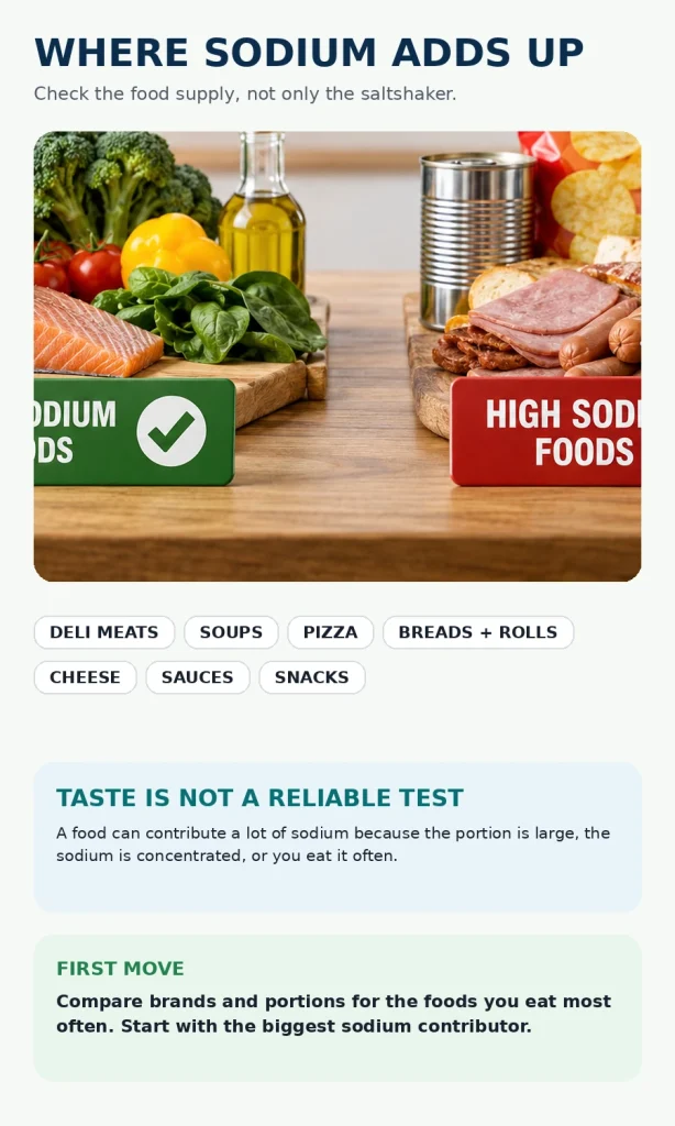 Lower-sodium fresh foods contrasted with packaged and processed foods, with common sodium-source categories highlighted.