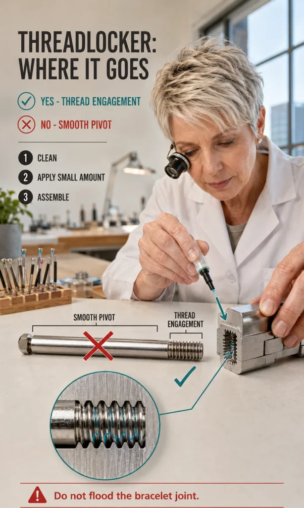 Watchmaker showing threadlocker applied only to the threaded portion of a bracelet screw.