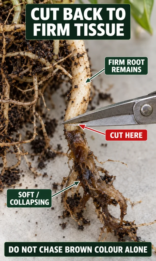 Clean pruning scissors cutting a rotten root back to firm healthy tissue