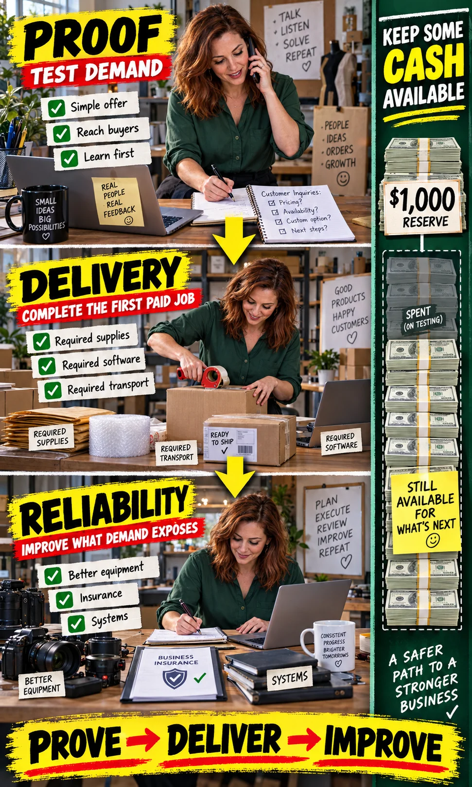 Entrepreneur following a three-stage startup spending path from testing demand to delivering the first job and then improving business reliability.