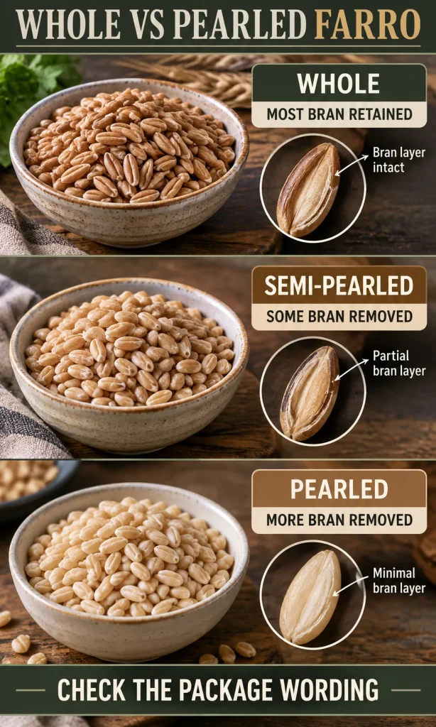 Whole, semi-pearled and pearled farro compared by bran retention and cooking convenience