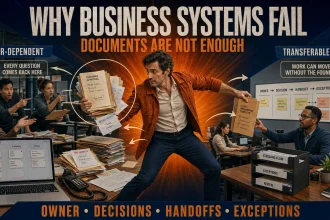 Business founder caught between a chaotic founder-dependent workflow and a structured operating system with clear ownership, handoffs and exception paths.