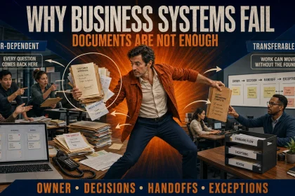 Business founder caught between a chaotic founder-dependent workflow and a structured operating system with clear ownership, handoffs and exception paths.