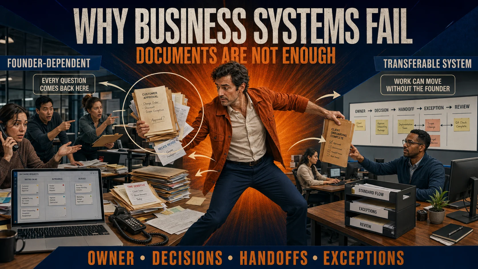 Business founder caught between a chaotic founder-dependent workflow and a structured operating system with clear ownership, handoffs and exception paths.