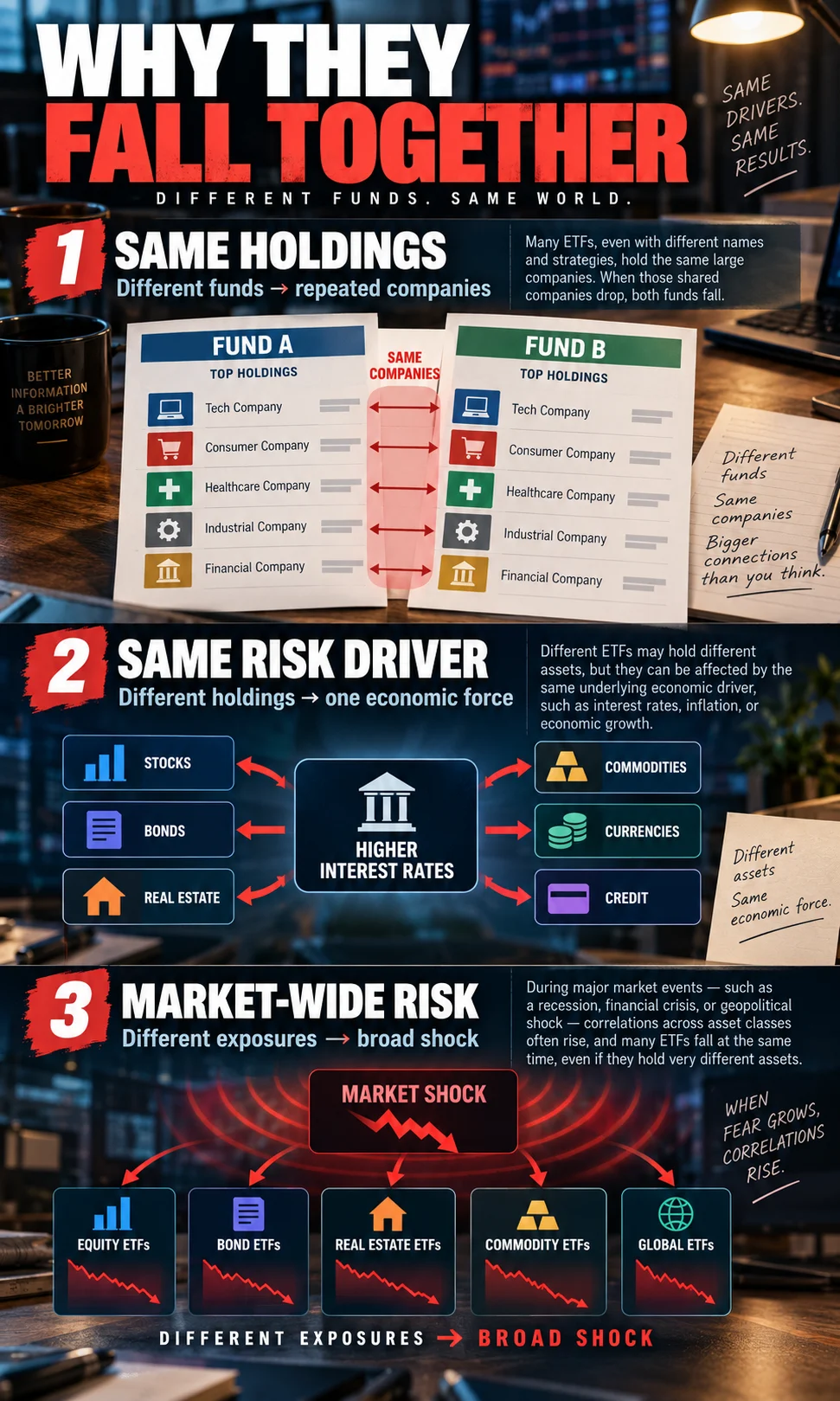 Three-part ETF diagram showing repeated holdings, a shared economic risk driver and a broad market shock causing different funds to decline together.