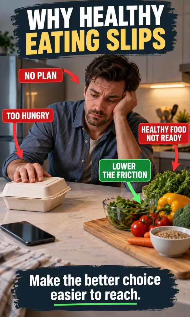 Tired man at a kitchen counter between takeout and fresh ingredients, with callouts showing no plan, too hungry and healthy food not ready as common eating-routine friction points.