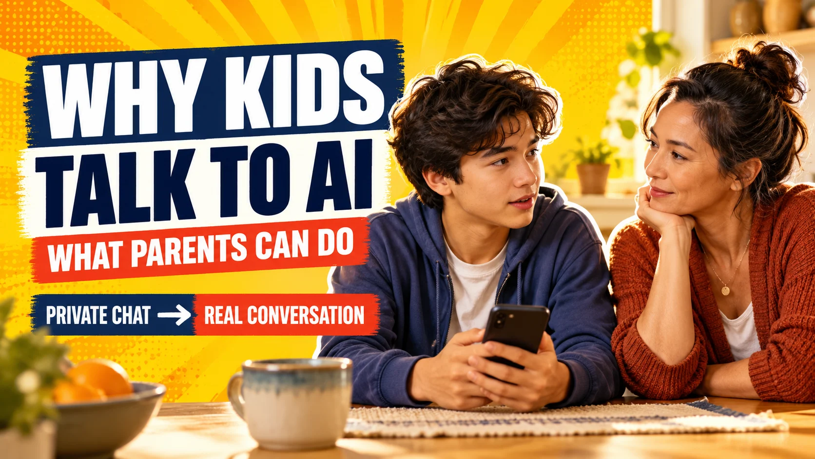 Teen holding a phone speaks with a listening parent at a kitchen table; headline reads “Why kids talk to AI.”
