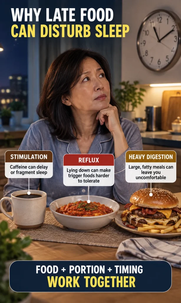 Woman at night comparing coffee, spicy tomato pasta and a heavy burger as three ways late food can disturb sleep