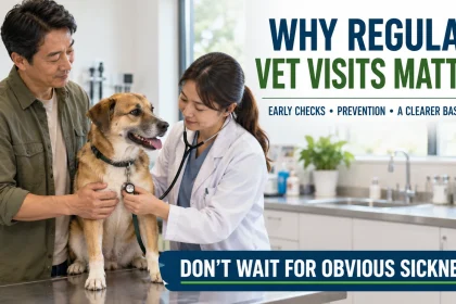 Pet owner and veterinarian with a dog during a routine exam, with text explaining that regular vet visits support early checks, prevention, and a clearer health baseline