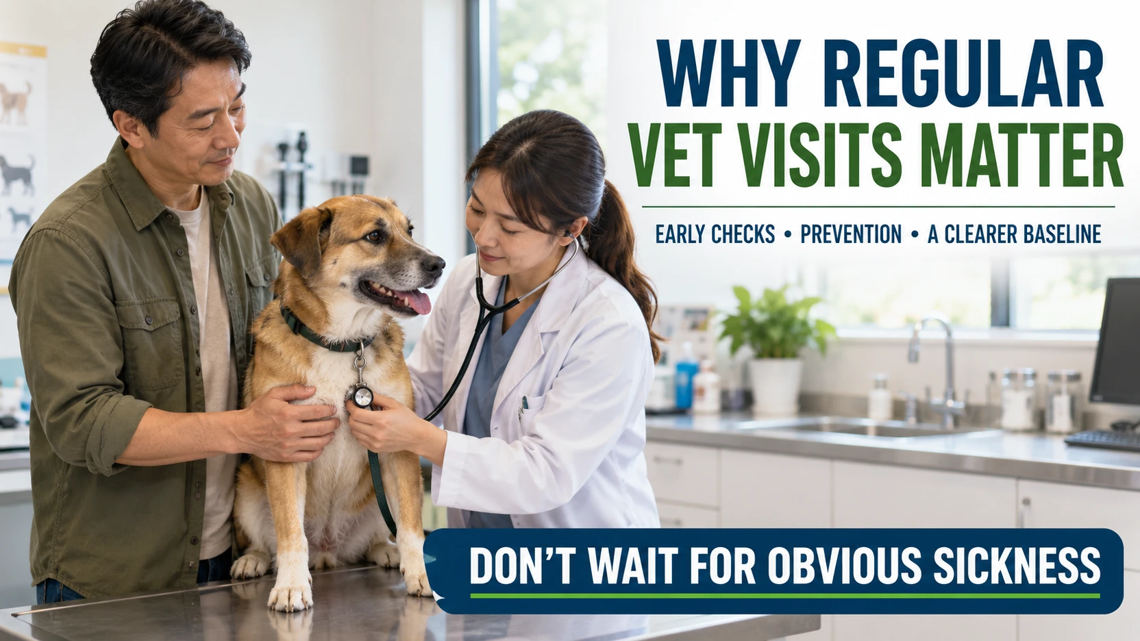 Pet owner and veterinarian with a dog during a routine exam, with text explaining that regular vet visits support early checks, prevention, and a clearer health baseline