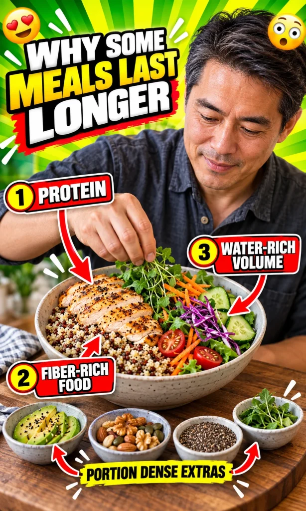Vertical meal graphic showing protein, fiber-rich foods and water-rich volume as three foundations of a filling meal.