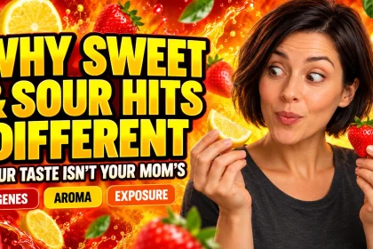 Woman comparing a lemon wedge and strawberry with text explaining why sweet-and-sour foods can taste different to different people.
